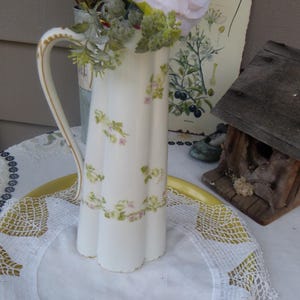 Vintage Limoges Haviland 12&quot; Pitcher with garland bouquets of greenery in pink & green, with gold accents ~ Collectibles and Home Decor