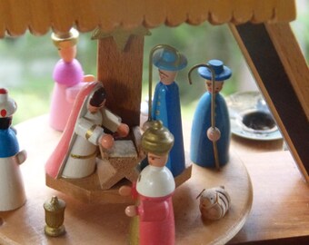 Nativity Erzgebirge Christmas Pyramid, German carousel ~ Hand-Crafted Wood Nativity Pyramid with Windmill and Candles.