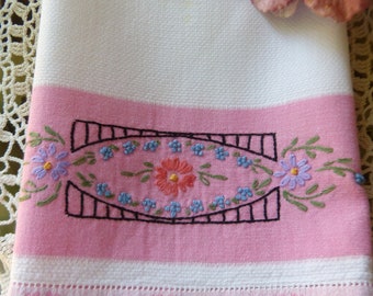 Vintage Linen Husk Tea Towel with Hemstitch Pink Border & Embroidery Design in Flowers ~ Kitchen ~ Dining ~ Living and Home ~ Kitchen Towels