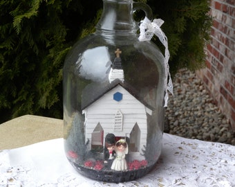 Vintage Church Scene in a Cider Jug ~ So Cute and One of a Kind // Great Vintage Wedding Decor // Shabby Chic Decor // Country Wedding
