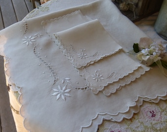 Small Square Scalloped Tablecloth and Three Matching Napkins with Embellished Embroidery Flowers and Dots ~  Kitchen and Dining in Taupe