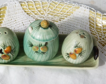 Vintage Pine Cone Salt and Pepper Shakers with Jam Jar: San Diego Souvenir