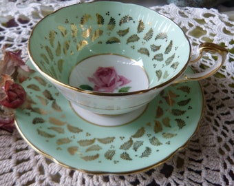 Beautiful Paragon Fine Bone China By Appointment of the Queen, Circa 1960 ~ Pink Roses and Gold Ferns  Mint Green and Gold Tea Cup & Saucer