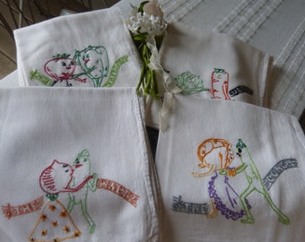 Set of Four Vintage Veggie Cotton Embroidery Tea Towels Depicting Vegetables Dancing ~  Collectible Tea Towels ~ New Vintage Towels  unused