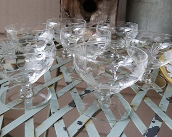 Vintage Etched Crystal Sherbet Set - Floral Design, 1950s Stemware