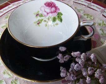 Gorgeous Vintage Clarence  English Black and White Tea Cup and Saucer with Pink Rose Design ~ Circa 1950's ~ Floral Rose Tea Cup and Saucer