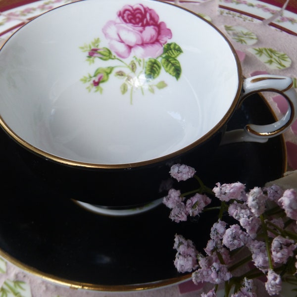 Gorgeous Vintage Clarence  English Black and White Tea Cup and Saucer with Pink Rose Design ~ Circa 1950's ~ Floral Rose Tea Cup and Saucer