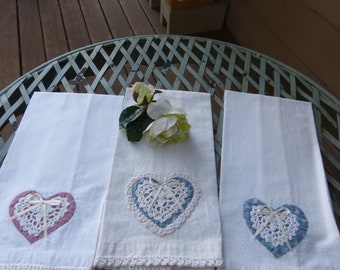 Set of Three Vintage Cotton Applique and Lace Heart Doilies Tea Towels in Lavender and Blue ~  Collectible Tea Towels  and Vintage Display