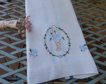 Vintage Linen Muslin Easter Floral Embroidery Tea Towel ~  Vintage Kitchen and Dining, Home and Living ~ Collectible Tea Towel and Display