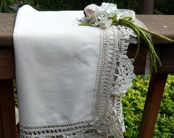 Vintage Beige Cotton Runner, Mantel Cloth, Display Cloth with Crochet Lace Edging in Neutral Beige Color ~ Must See