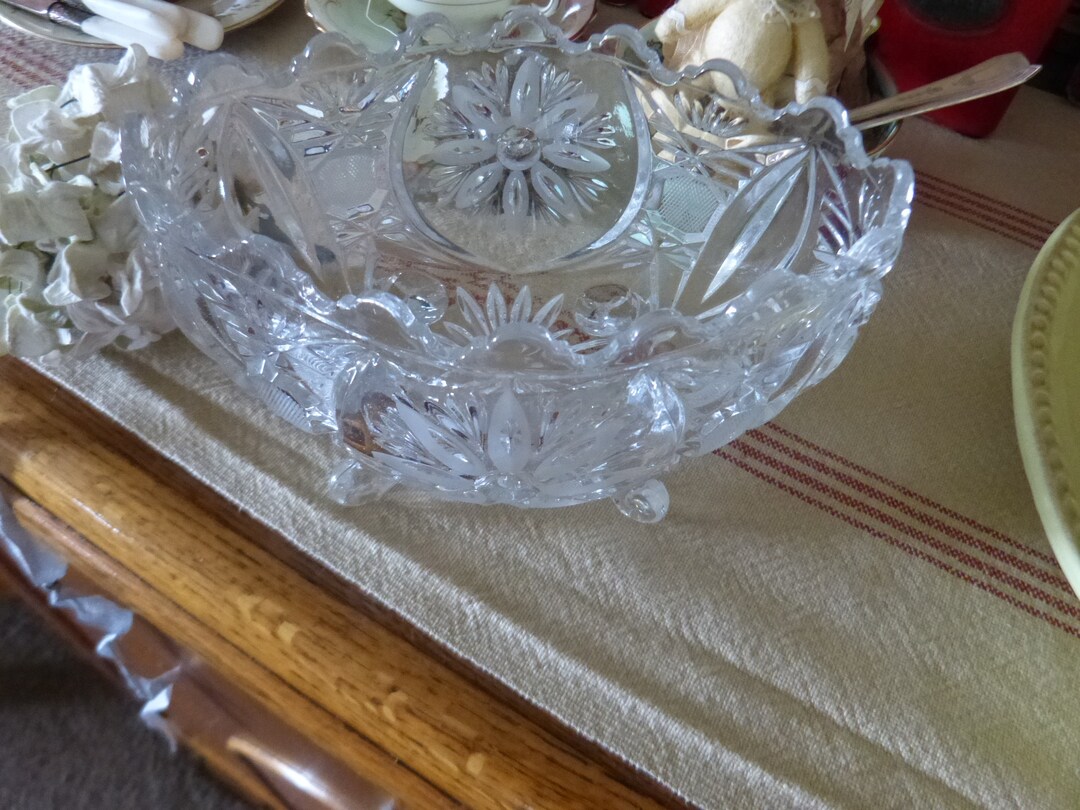 Vintage Clear Cut Crystal Glass Candy Bowl With Sunbursts and Cut