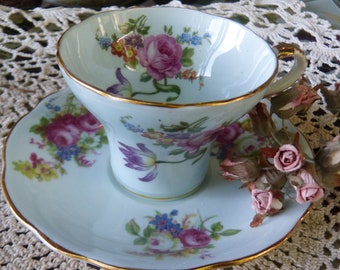 Gorgeous Aynsley Fine Bone China Tea Cup & Saucer ~ Made in England ~ Pale Blue with Spring Flowers ~ Dates to after 1934- 1950's