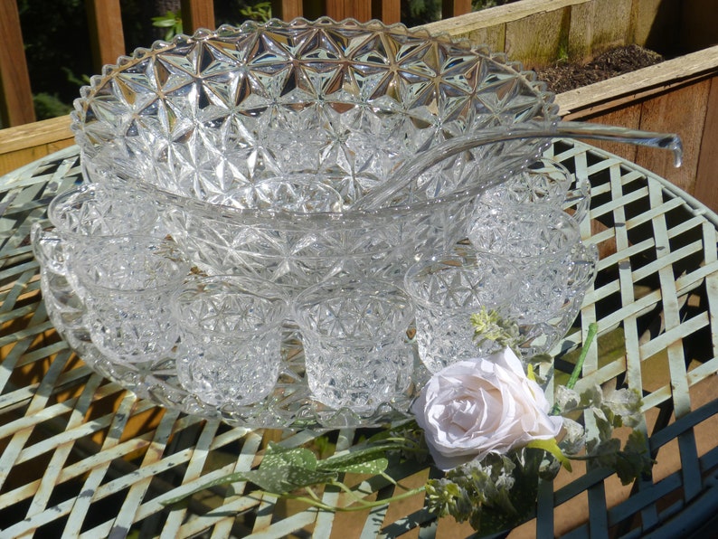 Stunning 1970's Vintage Punch Bowl Set with Twelve Matching Cups, and Matching Bowl, and Tray, Unknown Rare Name So Beautiful Visually image 7