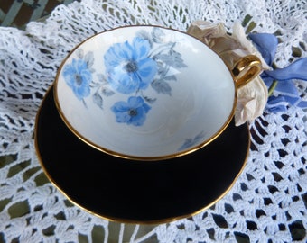 Gorgeous Vintage Royal Stafford Black ~ Gold Accents and Hand Painted BLue and Gray Florals ~ Circa 1940s  Floral Rose Tea Cup and Saucer