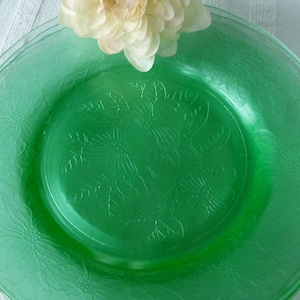 May include: A round, translucent green glass plate featuring an embossed floral pattern across its surface. The design includes detailed depictions of flowers and leaves integrated into the glass, creating a textured appearance on the plate's rim and center.