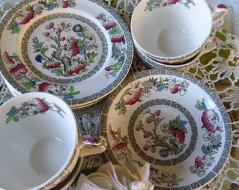 Beautiful Partial Vintage Tea Set by Johnson Brothers Indian Tree of England ~ Including Four Tea Cups, 6 Tea Saucers, and 10 Dessert Plates