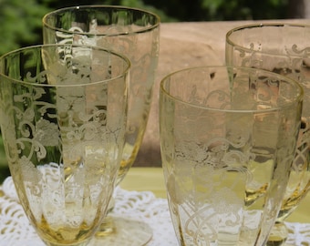 A Rare Set of Four Lace Etched Cut Paneled ~  Lancaster Patrick Yellow Crystal Ice Tea Tumblers ~ Circa 1930 to 1935 ~ Antique Glassware