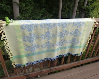 Vintage April Cornell 2000 Jaquard  Woven Cloth, New Never Used, Green, Blue and Yellow Fringe  ~  Vintage and Entertaining Tablecloth