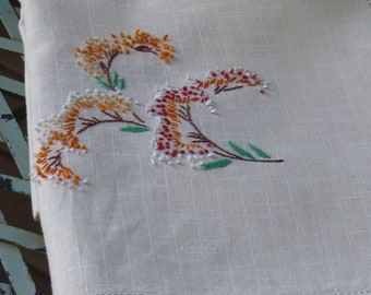 Vintage Dresser Scarf in Ivory with Fall Embroidery Flowers  & Hemstitch border ~ Perfect For Fall Color Display ~ Home and Living ~