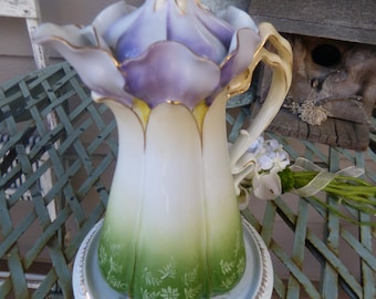 アンティーク R.S. プロイセン製磁器チョコレートポット ～ モーニンググローリー ラインホルト・シュレーゲルミルヒ（ドイツ、ズール） 1890年～1910年頃