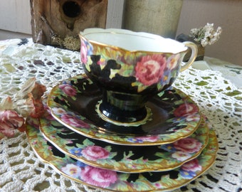 Rare and Beautiful  ~  Paragon Black Tapestry Rose Four Piece Tea Cup Set~ Double Appointment of The Queen  & Queen Mary, Circa 1939-1949