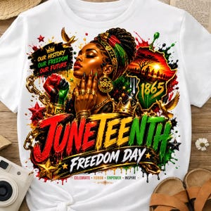 Könnte beinhalten: Weißes T-Shirt mit einer lebendigen Grafik, die Juneteenth feiert. Das Design zeigt ein Frauenporträt, den Text "Juneteenth Freedom Day" und die Jahreszahl "1865". Das Design verwendet die Farben Rot, Grün und Gold.