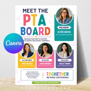 Op de afbeelding: Een Meet the PTA Board flyer met kleurrijke tekst, stergraphics en vier ronde portretten van bestuursleden met hun namen, titels en e-mailadressen. De flyer bevat de tekst: Working together to support our students and school community, en Together we make a difference.