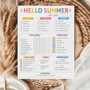 May include: A colorful "Hello Summer" daily planner with sections for morning, afternoon, and evening activities. Includes daily chores checklist, weekly chores, notes, and weekend events. The planner is personalized with the name "Amelia".