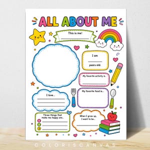 Puede incluir: Una colorida hoja de actividades All About Me para niños con un gran círculo central para una foto, líneas en blanco para detalles personales e ilustraciones de una estrella amarilla, arcoíris, lápiz, tenedor, cuchara, manzana y libros.
