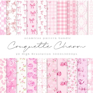 May include: A digital seamless pattern bundle titled Coquette Charm featuring 20 high-resolution 3000x3000px designs. The collection displays various pink and white motifs including bows, cherries, roses, hearts, gingham, and floral prints.