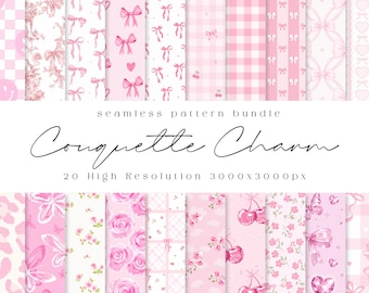 May include: A digital seamless pattern bundle titled Coquette Charm featuring 20 high-resolution 3000x3000px designs. The collection displays various pink and white motifs including bows, cherries, roses, hearts, gingham, and floral prints.