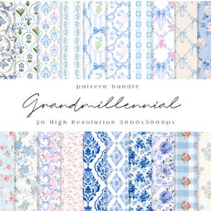 May include: A digital pattern bundle titled Grandmillennial featuring 20 high-resolution 3000x3000px designs. The collection displays various repeating motifs including blue and pink floral arrangements, ribbons, bows, damask, and gingham checks.