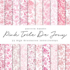 May include: A digital pattern bundle featuring 22 high-resolution 3000x3000px Pink Toile De Jouy designs. The collection displays various pink and white illustrations, including floral motifs, pastoral scenes, animals, and figures.