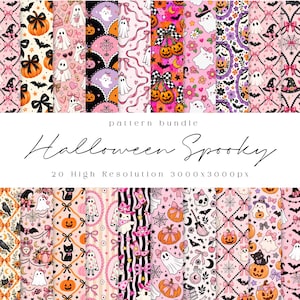 Peut inclure: Un ensemble de motifs numériques comprenant vingt designs sur le thème d'Halloween avec des fantômes, citrouilles, chauves-souris, nœuds et crânes dans une palette rose, orange et noire. Le texte indique pattern bundle Halloween Spooky 20 High Resolution 3000x3000px.