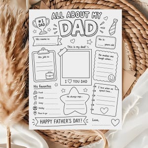 Op de afbeelding: Zwart-wit Vaderdag print met de tekst "ALL ABOUT MY DAD". Bevat invulvakken voor persoonlijke details, favorieten en een foto. Voorzien van illustraties van een trofee, stropdas en harten.