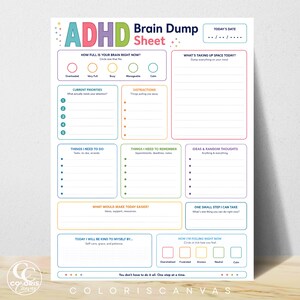 Può includere: Un foglio di pianificazione ADHD Brain Dump Sheet bianco con intestazioni e sezioni colorate. Include campi per data, capacità cerebrale, priorità, distrazioni, attività, promemoria, pensieri, cura di sé e monitoraggio dell'umore.