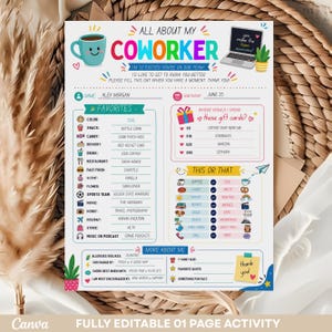 May include: A teal and white fill-in-the-blank worksheet titled "All About My Coworker." The worksheet includes sections for favorites, preferences, and a "This or That" section. The design features cartoon graphics and the text "Fully Editable 01 Page Activity."