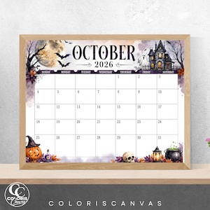 May include: A framed October 2026 calendar featuring a Halloween theme with a full moon, bats, a haunted house, a ghost, a jack-o'-lantern, a potion bottle, a skull, and a cauldron. The calendar grid is white with black text and borders.