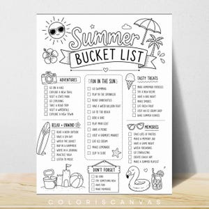 May include: A black and white printable summer bucket list activity sheet featuring line art illustrations of a sun, palm tree, surfboard, and ice cream. The text includes categories like Adventures, Fun in the Sun, Tasty Treats, and Memories.
