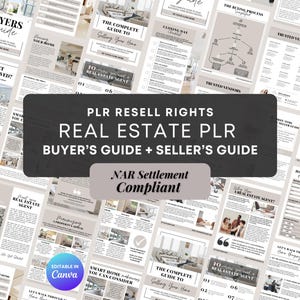 以下が含まれることがあります： 「PLR Resell Rights Real Estate PLR Buyer's Guide + Seller's Guide」のテキストが入った不動産ガイドのコレクションです。「家を買う」や「あなたの家を売るための完全ガイド」などのトピックが含まれています。