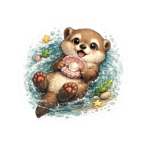 May include: A cartoon illustration of a brown otter floating in blue water, holding a pink seashell with a pearl. The otter has big eyes and a happy expression. The scene includes starfish, bubbles, and seaweed.