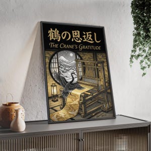 以下が含まれることがあります： 日本のイラストが描かれた額入りのアートプリント。鶴、織機、雪山が描かれています。「The Crane's Gratitude」の文字は金色です。黒いフレームに収められたアートワークです。