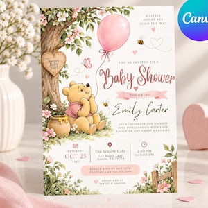 May include: A baby shower invitation card featuring a yellow bear sitting under a tree with a pink balloon, honey pot, and flowers. Text includes A LITTLE HONEY BEE IS ON THE WAY, Baby Shower, Emily Carter, The Willow Cafe, and event details.