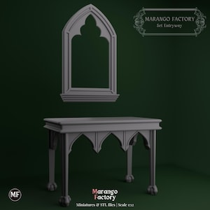 Puede incluir: Un conjunto de entrada en miniatura gris, que incluye una mesa y un marco de ventana, sobre un fondo verde oscuro. La mesa tiene recortes arqueados y patas de garra. El marco de la ventana es arqueado. El texto "Marango Factory" es visible.