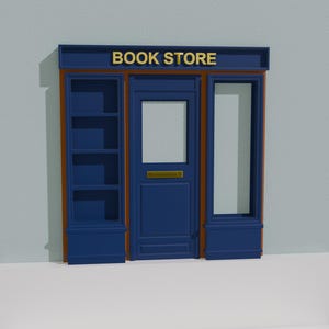 Puede incluir: Una fachada de librería en miniatura de color azul que presenta una puerta central con una ranura para correo dorada, un escaparate alto a la derecha y una estantería de cuatro niveles a la izquierda. El letrero sobre la entrada muestra el texto BOOK STORE en oro.