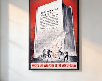 1940s “Books Are Weapons” Book Burning WWII Propaganda War Poster、Retro Aesthetic、90s Movie Poster、Vintage Film Print、Noir Wall Art