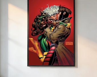 Rogue And Gambit Embrace Kiss X-Men Poster、Retro Aesthetic、90s Movie Poster、Vintage Film Print、Noir Wall Art