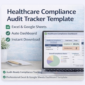 Könnte beinhalten: Ein Laptop zeigt eine Healthcare Compliance Audit Tracker Vorlage. Der Bildschirm zeigt ein Dashboard mit Datenvisualisierungen und Diagrammen. Der Text enthält "Excel & Google Sheets", "Auto Dashboard" und "Instant Download".