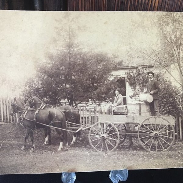 Cabinet Card Photo of Cowboys Horse Team and Wagon