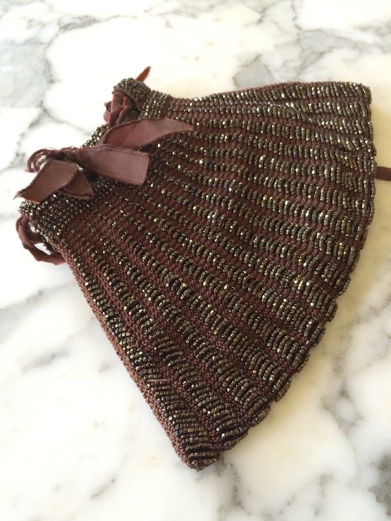 Vintage Beaded Drawstring Purse Brown and Bronze … - image 1